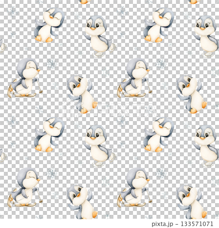 Cute Penguins Winter Fun Sports Seamless Pattern. Watercolor hand drawn illustration isolated on white background ski ice skates for north design Christmas holiday print baby cloth kids fabric nursery 133571071