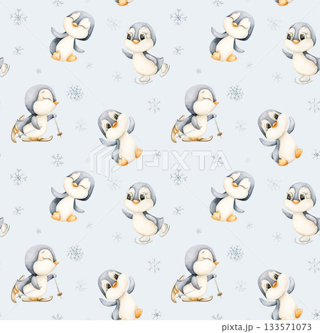 Cute Penguins Winter Fun Sports Seamless Pattern. Watercolor hand drawn illustration isolated on blue background ski ice skates for north design Christmas holiday print baby cloth kids fabric nursery 133571073