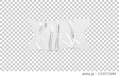 Blank white rectangle cut adhesive crumpled tape mockup, png, transparent background, 3d rendering. Empty wrinkly glue piece for industrial tool mock up, cut out. 133571094