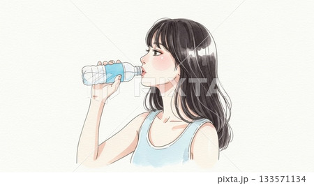ペットボトルの水を飲む女性のイラスト  133571134