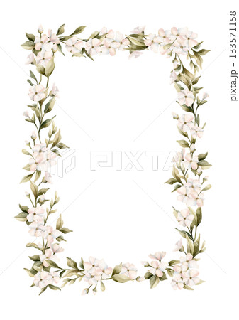White small flowers with leaves frame. Jasmine, orange, apple blossom. Watercolor hand painted cute floral isolated illustration for wedding design, home textile, porcelain crockery, cosmetic package 133571158