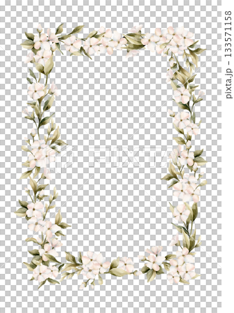 White small flowers with leaves frame. Jasmine, orange, apple blossom. Watercolor hand painted cute floral isolated illustration for wedding design, home textile, porcelain crockery, cosmetic package 133571158