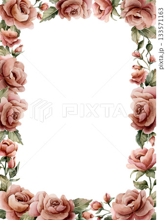 Rose flower frame. Dusty pink garden flowers floral arrangement. Watercolor hand painted floral isolated illustration for wedding design, home textile, porcelain crockery, cosmetic package, labels Rose flower frame. Dusty pink garden flowers floral arrangement. Watercolor hand painted floral isolated illustration for wedding design, home textile, porcelain crockery, cosmetic package, labels 133571163