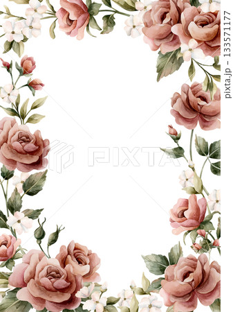 Rose flower frame. Pink garden flowers rectangular arrangement. Watercolor hand painted floral isolated illustration for wedding design greeting card invitation home textile cosmetic package labels Rose flower frame. Pink garden flowers rectangular arrangement. Watercolor hand painted floral isolated illustration for wedding design greeting card invitation home textile cosmetic package labels 133571177