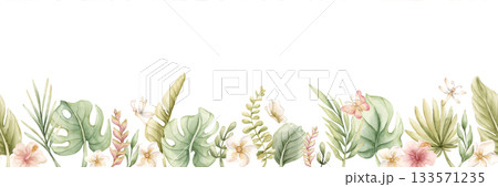 Monstera Palm Leaves Hibiscus Plumeria Flowers seamless border. Tropical Exotic plants. Watercolor hand painted summer pastel neutral isolated illustration on white background for nursery kids baby Monstera Palm Leaves Hibiscus Plumeria Flowers seamless border. Tropical Exotic plants. Watercolor hand painted summer pastel neutral isolated illustration on white background for nursery kids baby 133571235