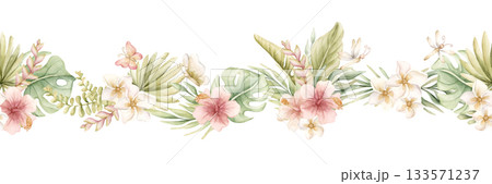 Monstera Palm Leaves Hibiscus Plumeria Flowers seamless border. Tropical Exotic plants. Watercolor hand painted summer pastel neutral isolated illustration on white background for nursery kids baby 133571237