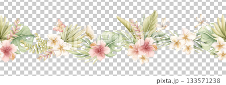 Monstera Palm Leaves Hibiscus Plumeria Flowers seamless border. Tropical Exotic plants. Watercolor hand painted summer pastel neutral isolated illustration on white background for nursery kids baby 133571238