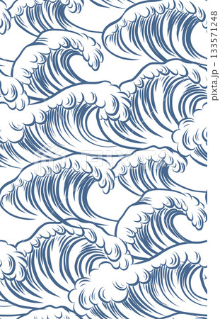 Vector seamless pattern with stylized stormy ocean waves in hand drawn style. Texture with blue monochrome motion waves 133571248