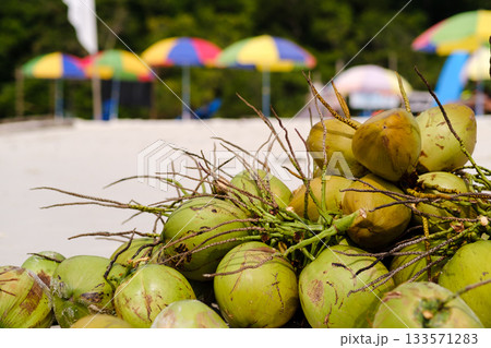 Fresh green coconuts stacked near colorful umbrellas in a tropical outdoor market setting on a sunny day 133571283