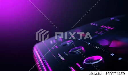 Futuristic control panel with glowing purple neon lights illuminating knobs, buttons, and digital displays, creating a high tech and modern atmosphere 133571479