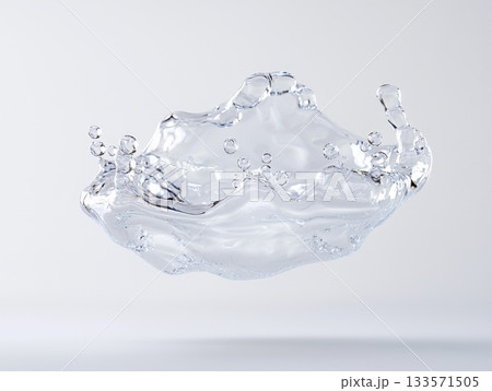 Crystal clear water forming crown shaped splash, suspended with sparkling air bubbles against pristine white background, representing purity and dynamic liquid movement 133571505