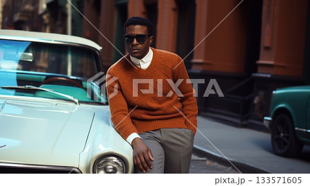 A Chic and Stylish black Man Dressed in Retro Attire Posing Next to a Beautiful Vintage Car. Male African American model 133571605