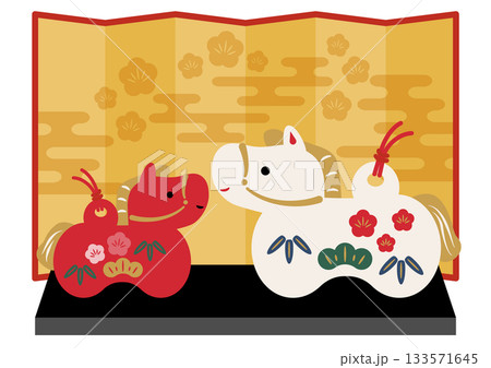 干支飾りの親子午(うま)と金屏風_紅白 干支飾りの親子午(うま)と金屏風_紅白 133571645