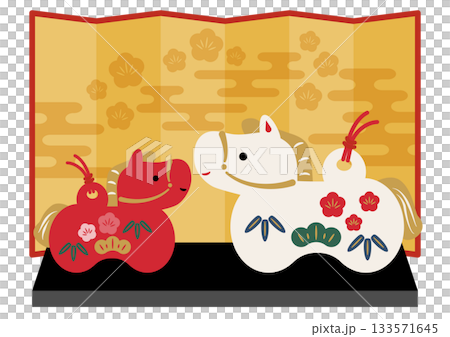 Zodiac ornaments of the horse and gold folding screen, red and white Zodiac ornaments of the horse and gold folding screen, red and white 133571645
