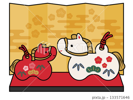 干支飾りの親子午（うま）と金屏風_紅白_主線あり 133571646