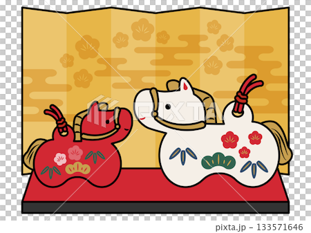 干支飾りの親子午（うま）と金屏風_紅白_主線あり 133571646