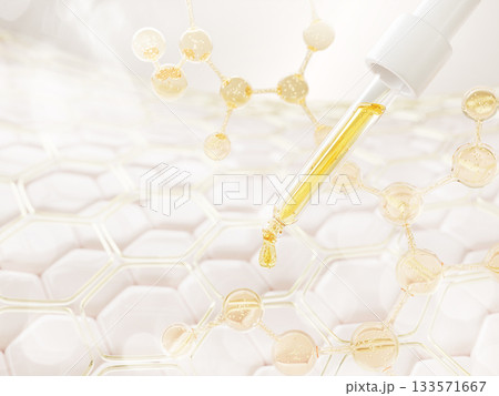 3d glass pipette with gold serum or oil drop on skin cells. Yellow honeycomb texture with dropper, liquid water molecule. Vitamin essence, retinol gel cream. Cosmetic beauty skincare. 3D illustration 3d glass pipette with gold serum or oil drop on skin cells. Yellow honeycomb texture with dropper, liquid water molecule. Vitamin essence, retinol gel cream. Cosmetic beauty skincare. 3D illustration 133571667
