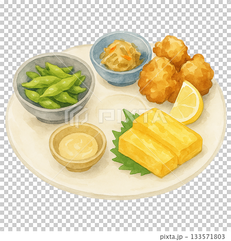 Watercolor illustration of assorted snacks: edamame, fried chicken, and omelet 133571803