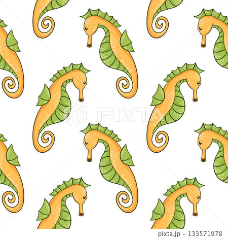 Seahorse seamless pattern in cartoon style. Little sea creature shape for sea life design on a white background. 133571978