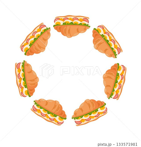Wreath with croissant sandwich filled with lettuce, eggs, cheese, and salami in flat style. Bakery for breakfast card, brunch, or a quick snack isolated on a white background. Wreath with croissant sandwich filled with lettuce, eggs, cheese, and salami in flat style. Bakery for breakfast card, brunch, or a quick snack isolated on a white background. 133571981