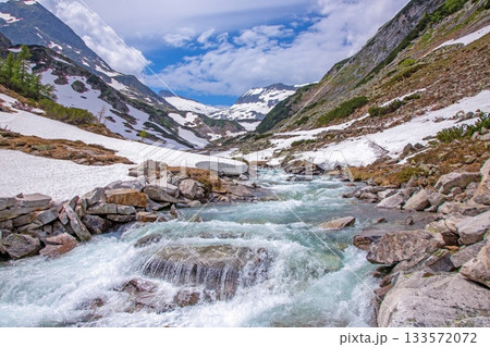 Alpine meltwater stream flowing through wide snowy valley 133572072