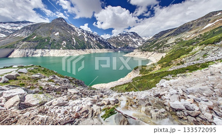 Alpine reservoir panorama with mountains Alpine reservoir panorama with mountains 133572095