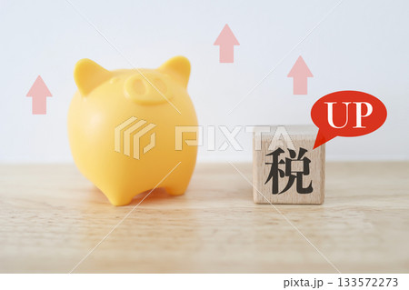 増税で家計負担が上昇するイメージ。貯金箱と税のブロック。 増税で家計負担が上昇するイメージ。貯金箱と税のブロック。 133572273