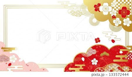 梅や雲を取り入れた華やかな赤い和風フレーム背景 133572444