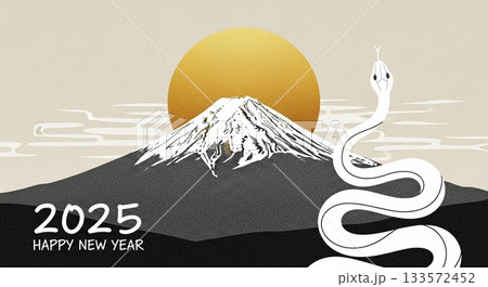2025年の干支・白蛇と富士山と日の出が描かれた和風年賀状デザイン 2025年の干支・白蛇と富士山と日の出が描かれた和風年賀状デザイン 133572452