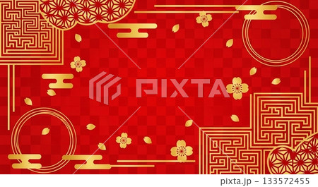赤と金の伝統模様をあしらった華やかな和風フレーム背景 赤と金の伝統模様をあしらった華やかな和風フレーム背景 133572455