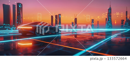 Electric car charging in futuristic city at sunset Electric car charging in futuristic city at sunset 133572664