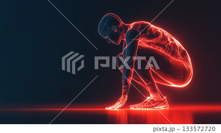 digital athlete in crouched position, showcasing muscle tension and energy digital athlete in crouched position, showcasing muscle tension and energy 133572720