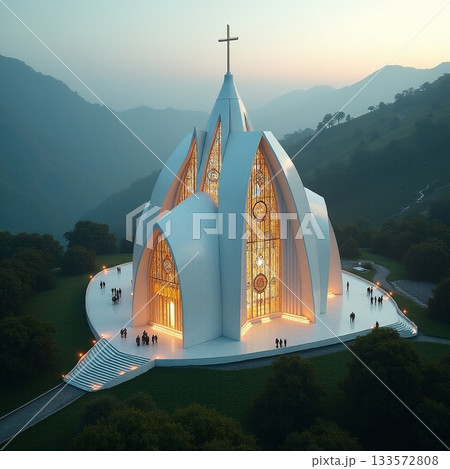 Sanctuary of faith gleams in mountainous landscape Generative AI 133572808