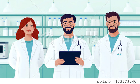 Researchers in pharmaceutical lab discussing clinical trials and innovations 133573346