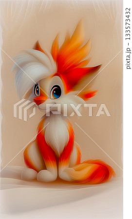 An expressive and lively stylised fox character with colourful markings and an energetic, playful pose. 133573432