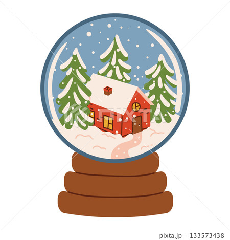 Cute Christmas snow globe with a tiny house and fir trees inside, drawn in flat cartoon style. Cute Christmas snow globe with a tiny house and fir trees inside, drawn in flat cartoon style. 133573438