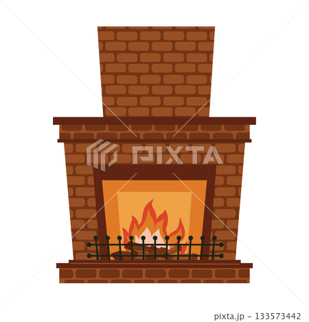 Cozy brick fireplace with burning fire in flat cartoon style. Warm holiday atmosphere illustration perfect for Christmas decor. 133573442