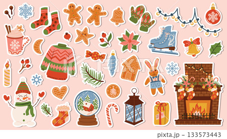 Christmas sticker set with cozy elements like fir branch, toy, cocoa, candy cane, gingerbread, snowman, skate, snow globe, and fireplace. Christmas sticker set with cozy elements like fir branch, toy, cocoa, candy cane, gingerbread, snowman, skate, snow globe, and fireplace. 133573443