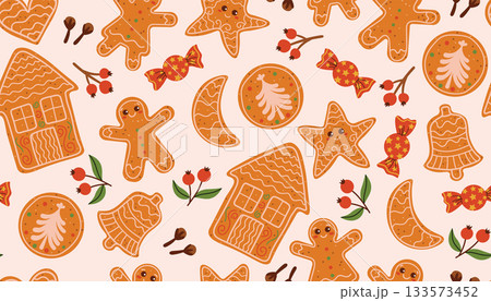 Christmas seamless pattern with gingerbread cookies house, star, heart, man, woman, bell, crescent, round cookie with spruce tree. Christmas seamless pattern with gingerbread cookies house, star, heart, man, woman, bell, crescent, round cookie with spruce tree. 133573452