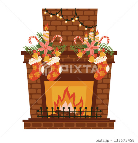 A cute Christmas fireplace with a burning fire and decor with stockings, wreaths of Christmas tree branches with bells. A cute Christmas fireplace with a burning fire and decor with stockings, wreaths of Christmas tree branches with bells. 133573459