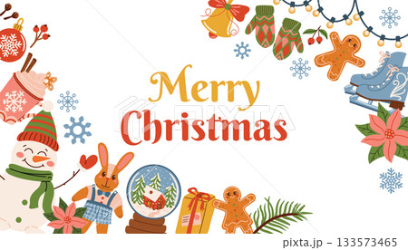Warm Christmas card with holiday elements like fir branch, toy, cocoa, plush bunny, gingerbread, snowman, skate, snow globe, and text. Warm Christmas card with holiday elements like fir branch, toy, cocoa, plush bunny, gingerbread, snowman, skate, snow globe, and text. 133573465