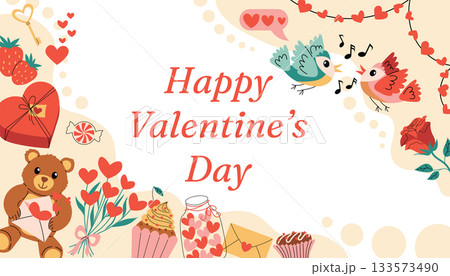 Happy Valentines Day horizontal card with organic halftone frame, festive text and cute holiday elements like hearts, gifts, teddy bear, roses. 133573490