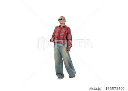 Woman flaunts trendy casual fashion, isolated on white, PNG Woman flaunts trendy casual fashion, isolated on white, PNG 133573501