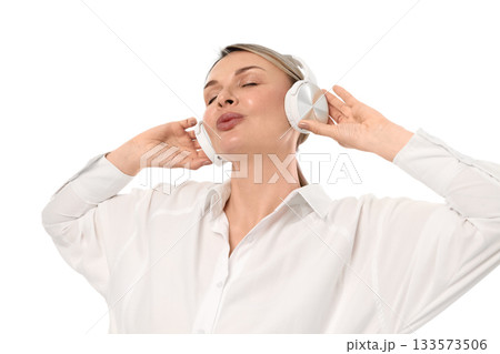 Woman with closed eyes delighting in music, isolated on white, PNG 133573506