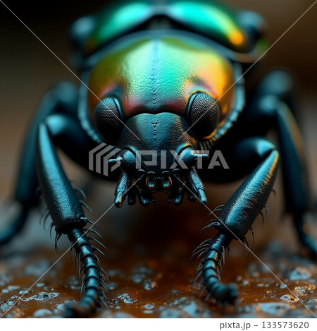 Colorful beetle on a textured surface in natural light Generative AI 133573620