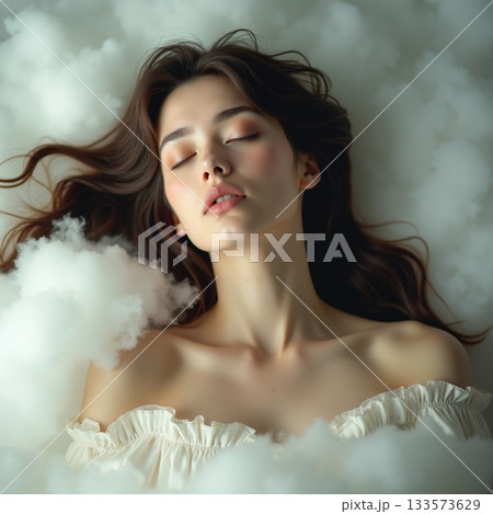 Woman resting peacefully among soft clouds in a dreamy scene Generative AI Woman resting peacefully among soft clouds in a dreamy scene Generative AI 133573629