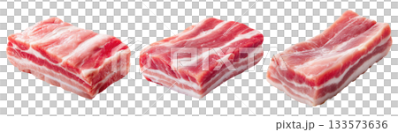 Set of fresh raw meat cuts, pork belly slab, isolated on transparent background. Fresh meat for cooking, food preparation, and advertisement. 133573636