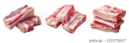 Set of fresh raw meat cuts, pork belly chunks, isolated on transparent background. Fresh meat for cooking, food preparation, and advertisement. 133573637