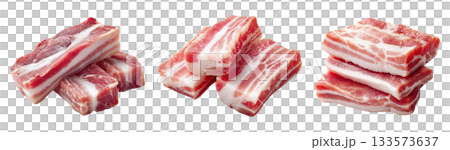 Set of fresh raw meat cuts, pork belly chunks, isolated on transparent background. Fresh meat for cooking, food preparation, and advertisement. 133573637