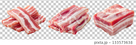 Set of fresh raw meat cuts, sliced pork belly, isolated on transparent background. Fresh meat for cooking, food preparation, and advertisement. 133573638